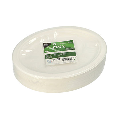 A stack of white, oval disposable plates PAPSTAR 50 plates, sugarcane "pure" of PAPSTAR GmbH, wrapped in foil with a green-white label.