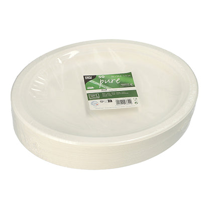 A stack of PAPSTAR 50 sugarcane "pure" disposable plates of PAPSTAR GmbH, wrapped in clear foil and labeled with a green-white tag, indicates that the biodegradable plates are made from sugarcane.