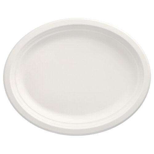 The PAPSTAR 12 plates made of sugarcane "pure", oval by PAPSTAR GmbH are a sustainable choice for any occasion - practical disposable tableware, photographed on a white background.