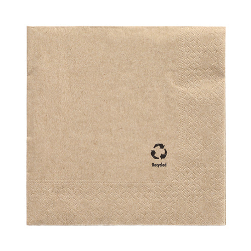 A single PAPSTAR 3-ply napkin (33 x 33 cm) from PAPSTAR GmbH, with a black recycling symbol and 'Recycled' in one corner, textured edge, depicted on a plain white background.