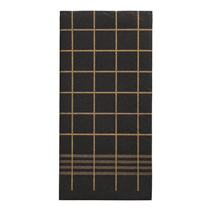 Die 30 Servietten "PUNTO" 2-lagig, 1/8-Falz, schwarz mit goldenem Gitter- und Banddesign (39x40 cm) der PAPSTAR GmbH sind Teil der hochwertigen Servietten-Kollektion und verfügen über eine Küchenhandtuch-Mikroprägung.