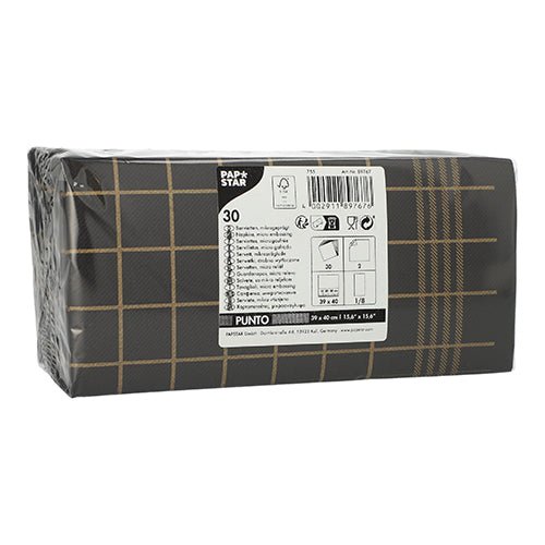 Die rechteckige PAPSTAR-Packung enthält 30 doppellagige Küchenservietten „PUNTO“ (39 x 40 cm, 1/8-Falz, mikrogeprägt) im schwarz-goldenen Karo-Design und enthält ein Etikett mit Gebrauchs- und Entsorgungshinweisen.