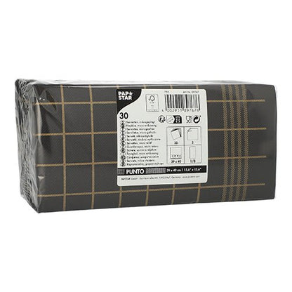 Die rechteckige PAPSTAR-Packung enthält 30 doppellagige Küchenservietten „PUNTO“ (39 x 40 cm, 1/8-Falz, mikrogeprägt) im schwarz-goldenen Karo-Design und enthält ein Etikett mit Gebrauchs- und Entsorgungshinweisen.