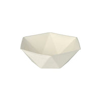The white, 6-sided PAPSTAR This sugarcane bowl ("pure"), pictured against a solid-color background, features a modern geometric design and a matte finish. This sustainable disposable bowl is sold in packs of 50 by the PAPSTAR Delivered to the GmbH.