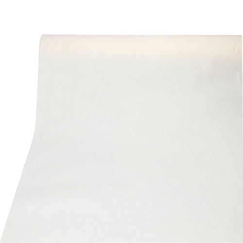 A roll of PAPSTAR tablecloth, fabric-like, PV-Tissue Mix "ROYAL Collection" (20 m x 1.18 m) from PAPSTAR GmbH is smoothly rolled out on a white surface and has a solid white background below.