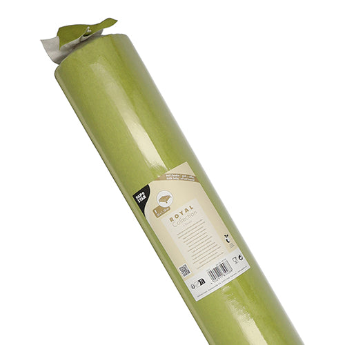 A roll of PAPSTAR tablecloth, fabric-like, PV-Tissue Mix "ROYAL Collection" (20m x 1.18m) from PAPSTAR GmbH is depicted upright in light green with a glossy surface. A beige label with product details is attached; the top of the roll is slightly unpacked.