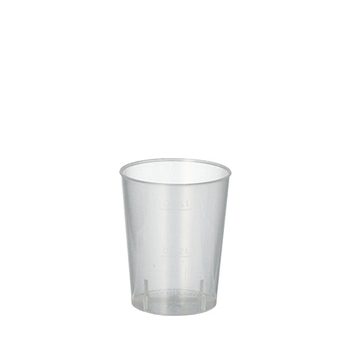 A Starpak 50 reusable glasses for schnapps PP unbreakable cup is presented upright on a plain white background, showing its clear plastic design with subtle measurement lines and no additional markings or embellishments.