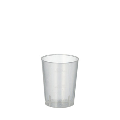 A Starpak 50 reusable glasses for schnapps PP unbreakable cup is presented upright on a plain white background, showing its clear plastic design with subtle measurement lines and no additional markings or embellishments.