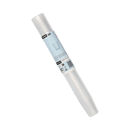 A stack of 50 clear, unbreakable Starpak reusable schnapps glasses made of PP, packed in a cylindrical shape with a blue and white label around the middle.