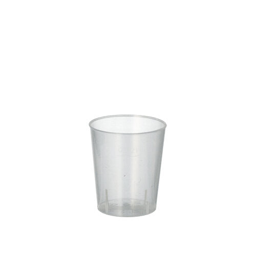 A clear, unmarked Starpak schnapps glass made of PP stands centered against a white background. The rigid reusable glass from the Starpak 50 series is unbreakable and characterized by simplicity and high durability.