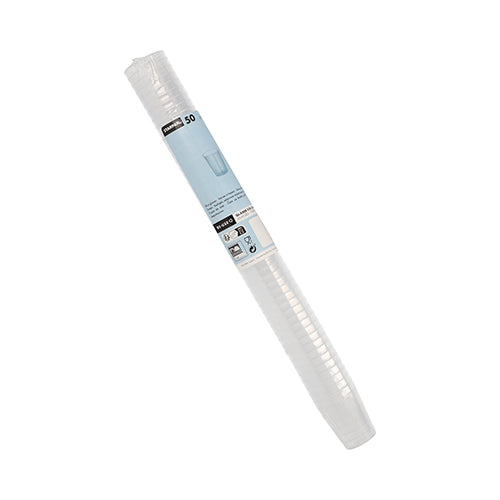 A roll of 50 Starpak reusable schnapps glasses made of unbreakable polypropylene (PP) is provided in transparent packaging with a label, brand name, and a small illustration of a glass.