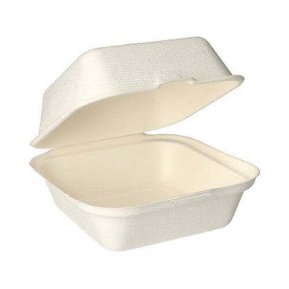 Die PAPSTAR Hamburger-Boxen Zuckerrohr "pure" (8x14x15 cm, weiß) der PAPSTAR GmbH ist ein weißer, rechteckiger Takeout-Behälter mit Scharnierdeckel aus kompostierbarem Zuckerrohr, perfekt für umweltfreundliche Mahlzeiten. Packung mit 25 Stück.