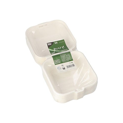 Eine Packung mit 25 weißen PAPSTAR Hamburger-Boxen aus Zuckerrohr (8x14x15 cm) ist in Schrumpffolie mit umweltfreundlicher Verpackung versiegelt. Die Vorderseite zeigt ein grünes Label mit Produktinfos und Icons.