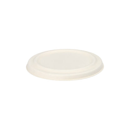 A round, white lid made of sugarcane by PAPSTAR GmbH, suitable for soup cups. Product name: PAPSTAR 50 lid for soup cups, sugarcane "pure" white.