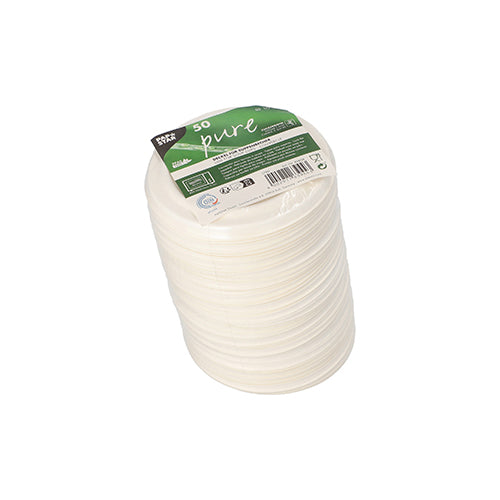 A stack of 50 white "pure" sugarcane lids for soup cups from PAPSTAR GmbH, wrapped in foil with product details and recycling symbols.