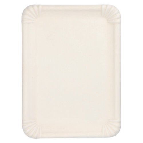 Das PAPSTAR Servierplatten Zuckerrohr "pure" eckig, 26x35 cm, weiß (6 Stück) der PAPSTAR GmbH ist ein rechteckiges, biologisch abbaubares weißes Tablett mit hochgezogenen Rändern und Eckrippen, leer von oben fotografiert.