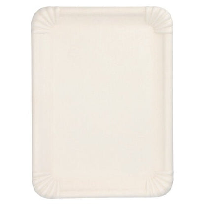 Das PAPSTAR Servierplatten Zuckerrohr "pure" eckig, 26x35 cm, weiß (6 Stück) der PAPSTAR GmbH ist ein rechteckiges, biologisch abbaubares weißes Tablett mit hochgezogenen Rändern und Eckrippen, leer von oben fotografiert.