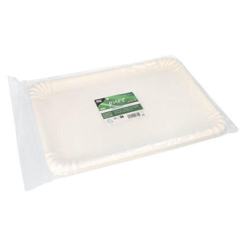 Eine Packung mit 6 rechteckigen weißen PAPSTAR Servierplatten Zuckerrohr "pure" (26x35 cm) in Schrumpffolie mit einem grün-weißen Etikett; biologisch abbaubar und umweltfreundlich.