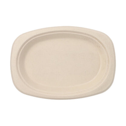 The PAPSTAR GmbH 50 plates, sugarcane "pure" is a simple, rectangular beige plate with rounded edges and a raised rim – an eco-friendly disposable tableware option for sustainable serving.