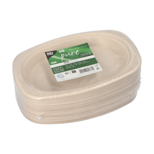 A stack of 50 beige, oval PAPSTAR sugarcane "pure" disposable plates of PAPSTAR GmbH, wrapped in foil with a green-white label featuring product details and environmental symbols.