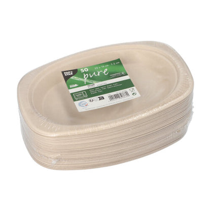 A stack of 50 beige, oval PAPSTAR sugarcane "pure" disposable plates of PAPSTAR GmbH, wrapped in foil with a green-white label featuring product details and environmental symbols.