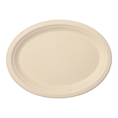 A beige, oval disposable plate from PAPSTAR 50 plates, sugarcane "pure" of PAPSTAR GmbH, made from environmentally friendly sugarcane and with a slightly raised rim, seen from above on a white background.