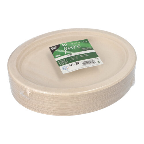 A pack of 50 oval "Pure" plates from PAPSTAR sugarcane of PAPSTAR GmbH, made from environmentally friendly sugarcane, wrapped in plastic foil and labeled with a green-white tag indicating they are environmentally friendly and compostable.