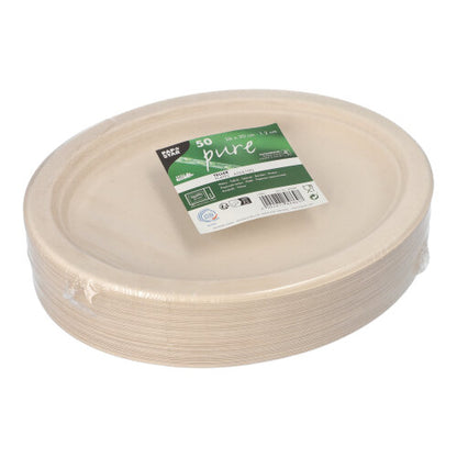 A pack of 50 oval "Pure" plates from PAPSTAR sugarcane of PAPSTAR GmbH, made from environmentally friendly sugarcane, wrapped in plastic foil and labeled with a green-white tag indicating they are environmentally friendly and compostable.