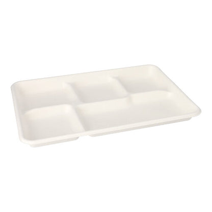 The 25 menu trays, sugarcane "pure" 5-compartment white from PAPSTAR GmbH are white, rectangular, biodegradable trays with five compartments - an eco-friendly choice for food service in cafeterias or similar facilities.