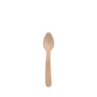 A single PAPSTAR "Pure" Wooden Coffee Spoon, 11 cm, eco-friendly and sturdy, by PAPSTAR GmbH, set against a plain white background. The biodegradable spoon has a simple design with a round handle and a flat bowl.