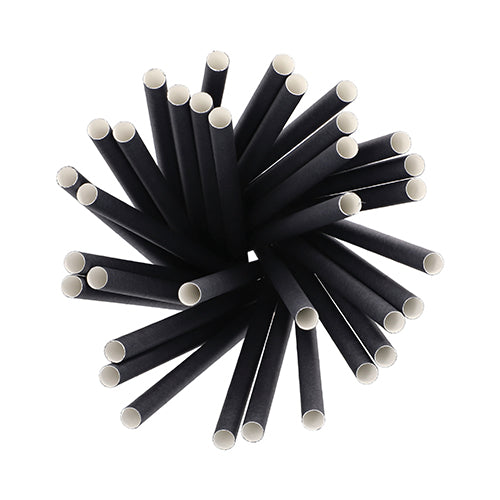 A top view of the circularly arranged PAPSTAR 100 shake straws paper Ø 10 mm · 21 cm from PAPSTAR GmbH - biodegradable black paper drinking straws with a white interior, ideal for environmentally conscious hosts and sustainable shake enjoyment.
