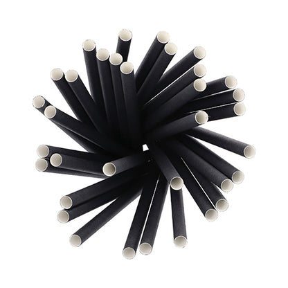 A top view of the circularly arranged PAPSTAR 100 shake straws paper Ø 10 mm · 21 cm from PAPSTAR GmbH - biodegradable black paper drinking straws with a white interior, ideal for environmentally conscious hosts and sustainable shake enjoyment.