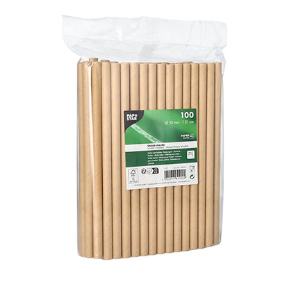 A transparent plastic package with 100 shake straws from PAPSTAR GmbH (paper, brown, 21 cm x 10 mm), labeled in English with green and white symbols for recycling and compostability. Ideal for environmentally conscious hosts.