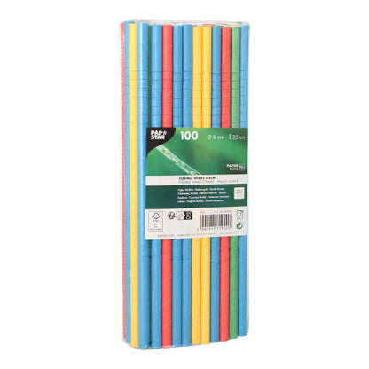 Ein 100er-Pack PAPSTAR GmbH Shake-Halme Papier Strohhalme, Ø 8 mm, 25 cm, in verschiedenen flexiblen Farben. Verpackt in klarem Kunststoff mit grünem Etikett - ideal für Partys oder den täglichen Gebrauch.