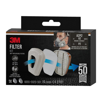 Die Verpackung des 3M™ Filtersatz 6002-1SP (A2P2, 2x6055, 2x5925, 2x501) von 3M Deutschland GmbH zeigt drei Filterteile, eine Person mit Maske und A2P2-Schutzklasse - optimal gegen organische Dämpfe für 3M Masken.