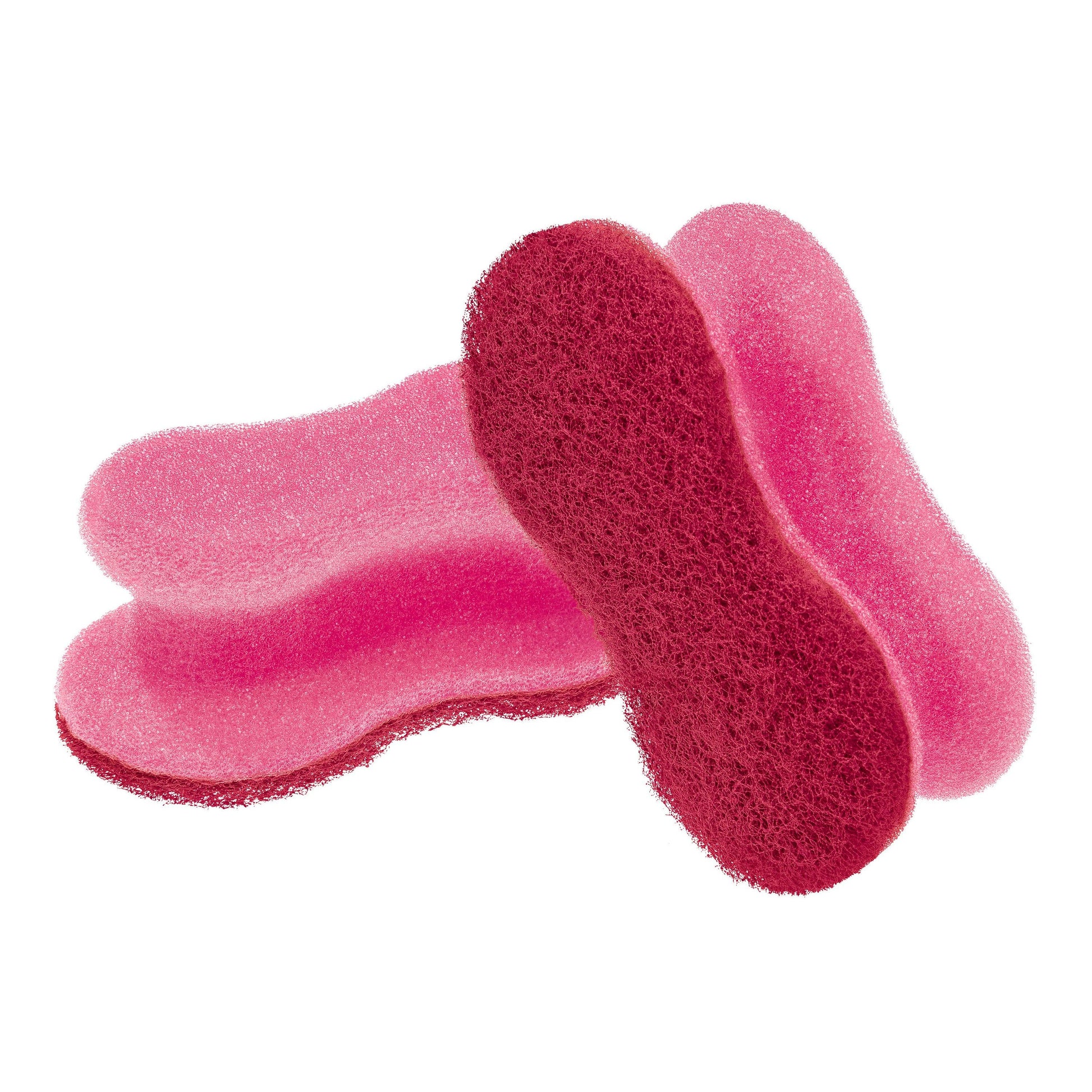 Zwei gebogene Scotch-Brite® Delicate Color Comfort kratzfreie Reinigungsschwämme von 3M Deutschland GmbH, in den Farben rosa und rot, sind vor einem weißen Hintergrund aufeinander gestapelt. Jede Packung enthält 2 Stück.
