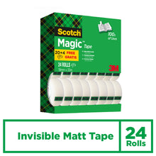 Eine grün-schwarze Vorteilspack-Schachtel von Scotch® Magic™ Unsichtbares Klebeband der 3M Deutschland GmbH, die 24 Rollen (19 mm x 33 m) enthält, mit der Aufschrift "Invisible Matt Tape". Auf der Schachtel steht "100s of Uses" und "20+4 Free Gratis", mit dem 3M Logo.