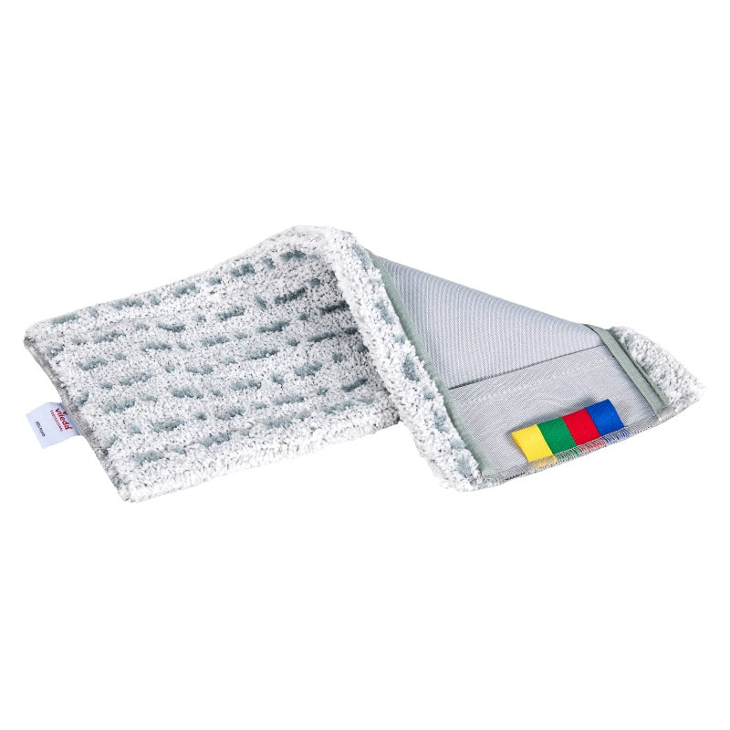 The Vileda Professional CombiSpeed Pro r-MicroLite Max (color tags) cleaning pad from Vileda GmbH is rectangular, white, and textured with a gray edge; it features a fabric tag and four colored tabs on the edge. Available in 40 cm or 50 cm.