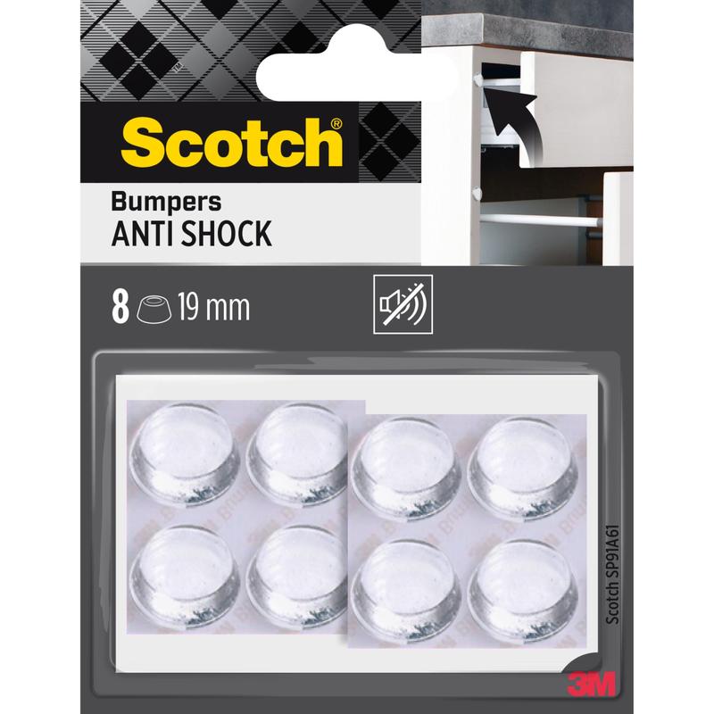 A retail pack of Scotch® shock-absorbing elastic bumpers, self-adhesive, transparent (8 clear round bumpers, 19 mm) from 3M Germany GmbH, depicted with product branding and a bumper on a cabinet door.