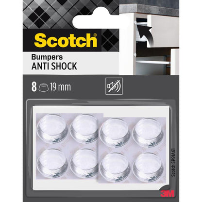 A retail pack of Scotch® shock-absorbing elastic bumpers, self-adhesive, transparent (8 clear round bumpers, 19 mm) from 3M Germany GmbH, depicted with product branding and a bumper on a cabinet door.