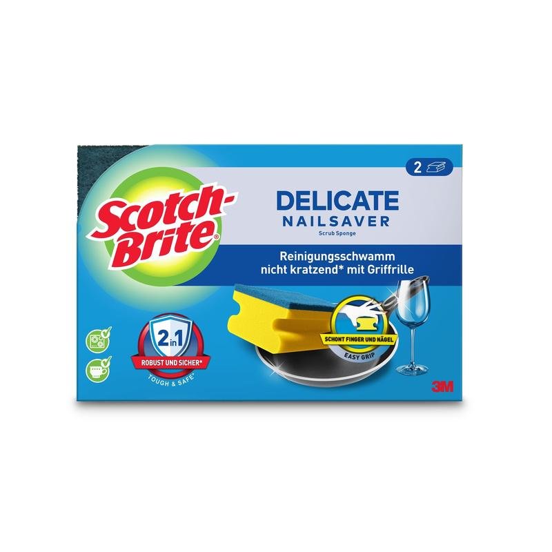 Pictured is a box of Scotch-Brite® Delicate Non-Scratch Handle Sponge from 3M Germany GmbH with packaging that includes product images, the Scotch-Brite logo, and German text for scratch-free cleaning on delicate surfaces.