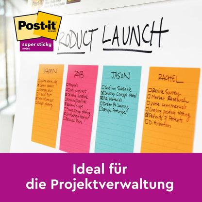Vier gelbe, linierte Post-it® Notes im Großformat (101×101 mm) von 3M auf einem Whiteboard mit Aufgaben und Namen unter "Product Launch". Sichtbar: Post-it Logo und "Ideal für die Projektverwaltung". 100% PEFC, 300 Blatt/Block.