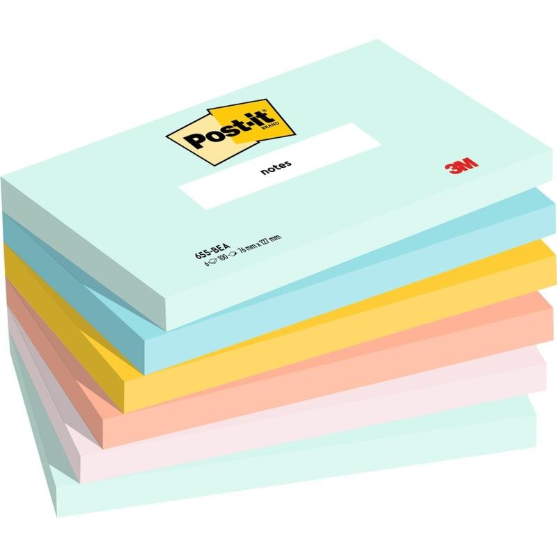 A stack of six 76 x 127 mm Post-it® notes (100 sheets each) in pastel colors from 3M Deutschland GmbH. Each pad is marked with the Post-it and 3M logos and is made of 100% PEFC-certified paper.