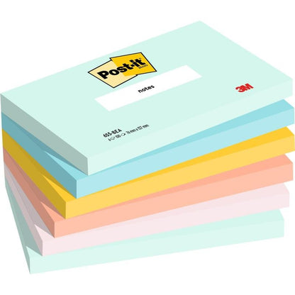 A stack of six 76 x 127 mm Post-it® notes (100 sheets each) in pastel colors from 3M Deutschland GmbH. Each pad is marked with the Post-it and 3M logos and is made of 100% PEFC-certified paper.
