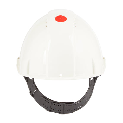 Der 3M™ Schutzhelm G3000C Uvicator von 3M Deutschland GmbH ist ein weißer Schutzhelm mit schwarzem, verstellbarem Kinnriemen und rotem Uvicator-Knopf, abgebildet auf einem schlichten weißen Hintergrund. Ideal für die Anforderungen des Arbeitsschutzes.