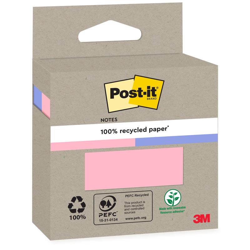A brown cardboard box with Post-it® Recycling Notes, 76x76mm, 100 sheets, 100% PEFC by 3M Deutschland GmbH, with recycling and PEFC logos, a pink sample note, and a green label "Made with renewable resource adhesive".