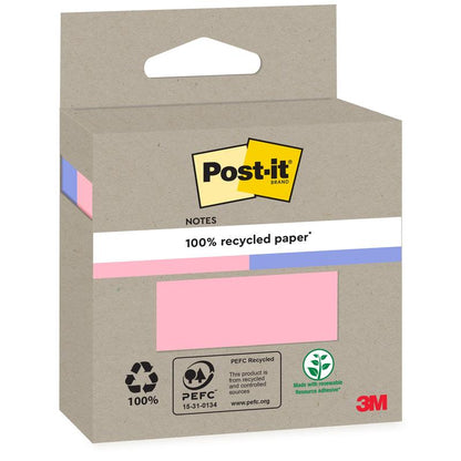 A brown cardboard box with Post-it® Recycling Notes, 76x76mm, 100 sheets, 100% PEFC by 3M Deutschland GmbH, with recycling and PEFC logos, a pink sample note, and a green label "Made with renewable resource adhesive".
