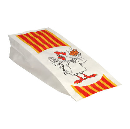 The Starpak 100 chicken bag made of paper with HDPE insert "Grill Chicken" shows a cartoon chicken serving a grilled chicken, and impresses with its white design with red-yellow stripes.