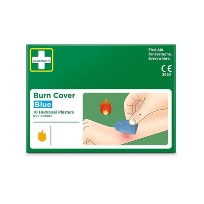 A green box labeled "Cederroth Burn Cover, Blue, Hydrogel Bandage, 10 Count" by Orkla Wound Care AB contains 10 bandages. The illustration shows a hand applying a blue bandage to a burn on the arm, with a flame symbol indicating its use for burns.