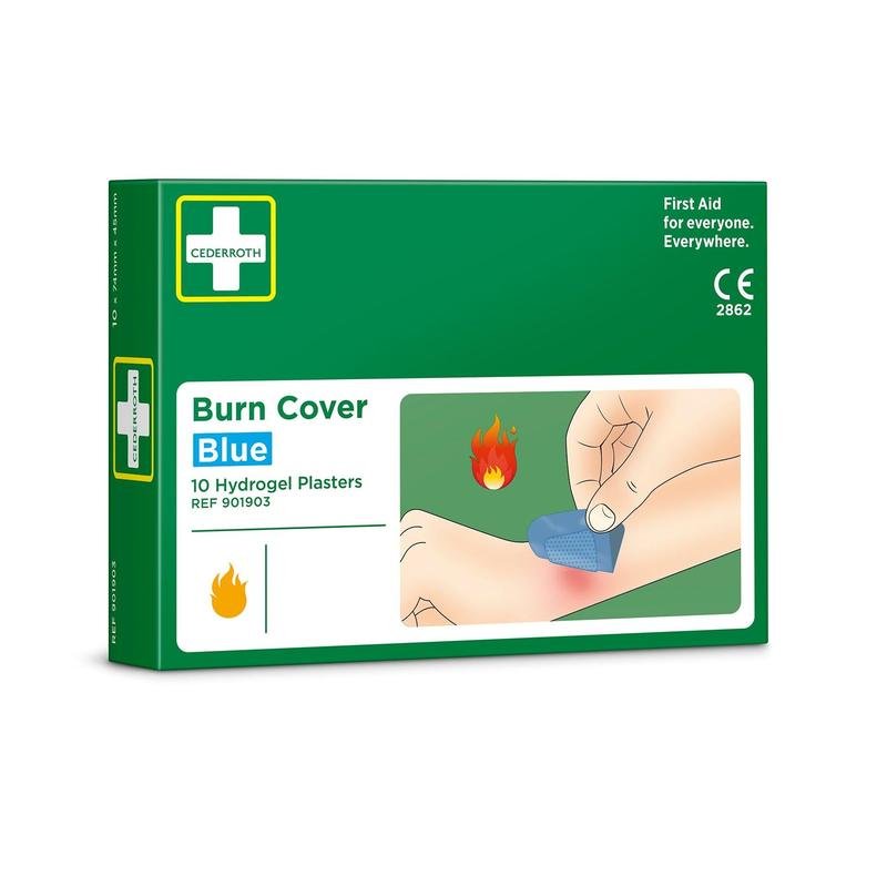 A green box labeled "Cederroth Burn Cover, Blue, Hydrogel Bandage, 10 Count" by Orkla Wound Care AB shows a hand applying a blue hydrogel bandage to a burn wound next to a flame symbol. The package contains 10 bandages and features the Cederroth logo.